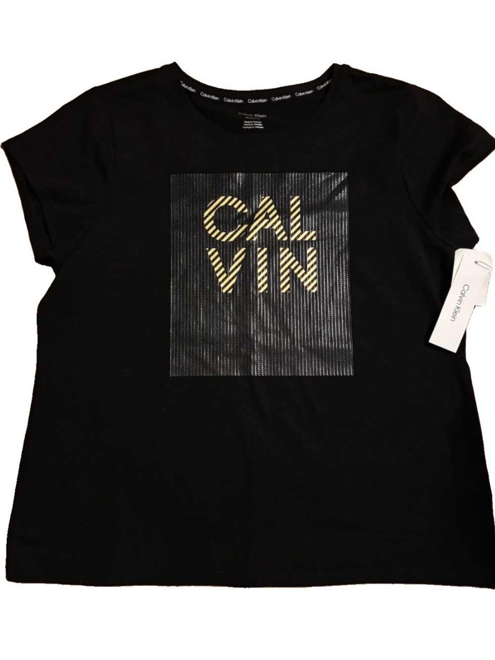 Calvin Klein Women’s Sequin Patch Striped Logo Tee - Black - XL